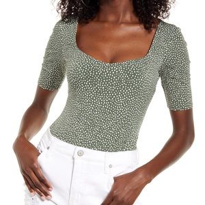 Leith Sweetheart Neck Thong Bodysuit In Green Thyme Sketch Dot, Size Small